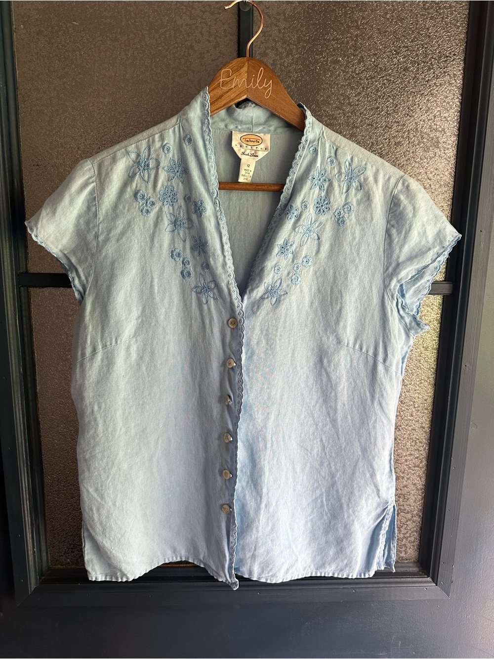 Vintage Talbots Light Blue Short Sleeve Button-Front Embroidered Top